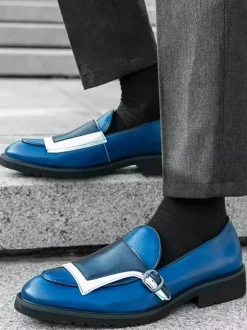 Mens Monk Loafers Round Toe Slip-on With Buckle Detail Penny Shoes Colorblock Design Prom Shoes