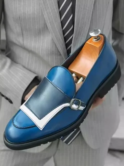 Mens Monk Loafers Round Toe Slip-on With Buckle Detail Penny Shoes Colorblock Design Prom Shoes