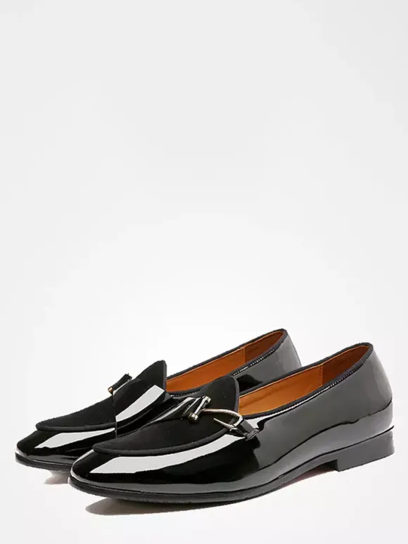 Mens Monk Loafers Slip On Pointed Toe Metal Decor Flat With Shoes Block Heel Patent Penny Shoes