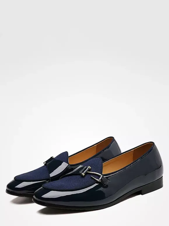 Mens Monk Loafers Slip On Pointed Toe Metal Decor Flat With Shoes Block Heel Patent Penny Shoes