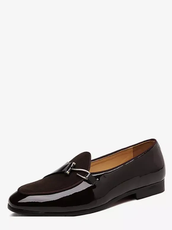 Mens Monk Loafers Slip On Pointed Toe Metal Decor Flat With Shoes Block Heel Patent Penny Shoes
