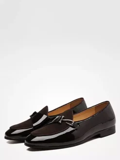Mens Monk Loafers Slip On Pointed Toe Metal Decor Flat With Shoes Block Heel Patent Penny Shoes