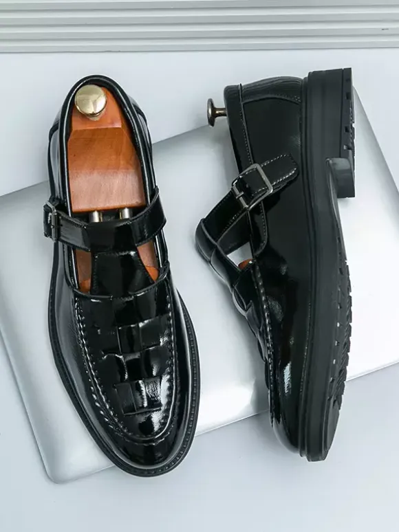 Men's Monk Loafers Woven Platform Patent Leather T-Strap Slip-On Loafer Shoes