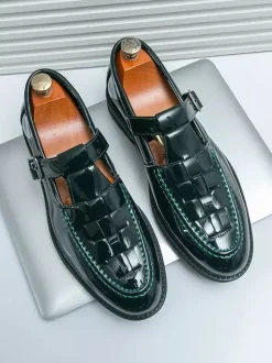 Men's Monk Loafers Woven Platform Patent Leather T-Strap Slip-On Loafer Shoes