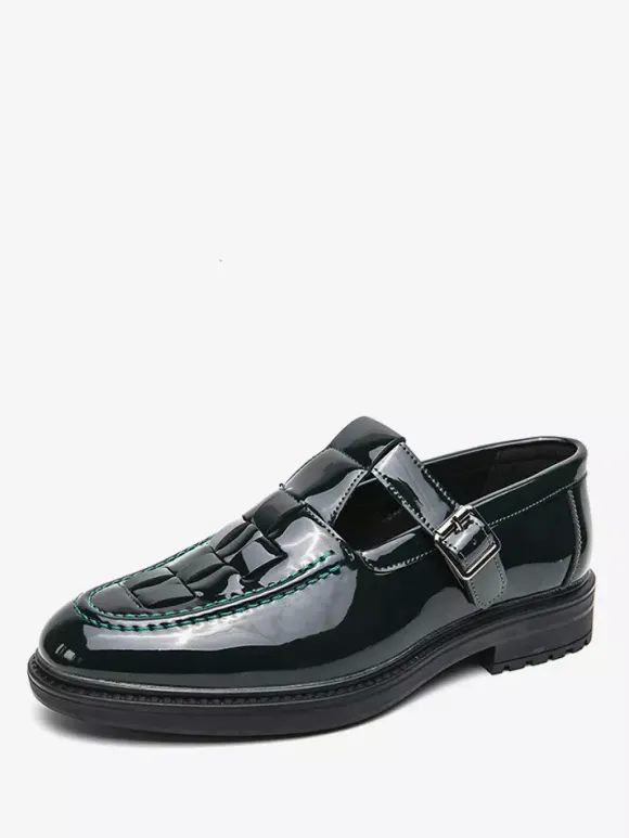 Men's Monk Loafers Woven Platform Patent Leather T-Strap Slip-On Loafer Shoes