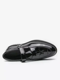 Men's Monk Loafers Woven Platform Patent Leather T-Strap Slip-On Loafer Shoes