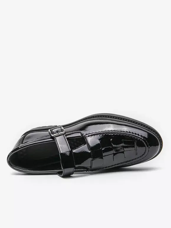 Men's Monk Loafers Woven Platform Patent Leather T-Strap Slip-On Loafer Shoes