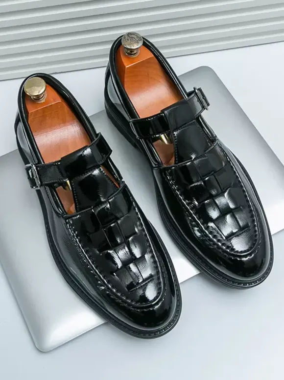 Men's Monk Loafers Woven Platform Patent Leather T-Strap Slip-On Loafer Shoes