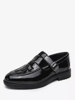 Men's Monk Loafers Woven Platform Patent Leather T-Strap Slip-On Loafer Shoes