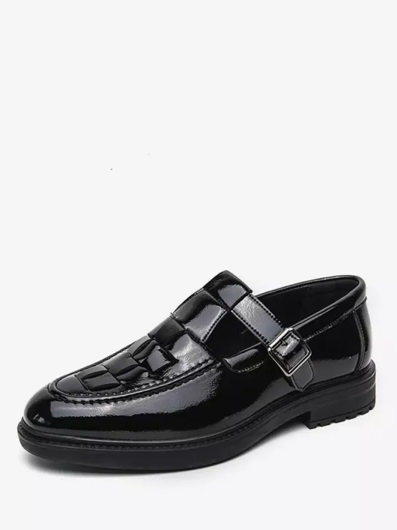 Men's Monk Loafers Woven Platform Patent Leather T-Strap Slip-On Loafer Shoes