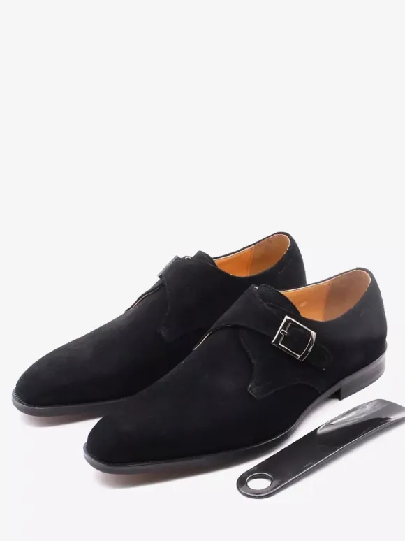 Mens Monk Shoes Suede Pointed-Toe Dress Shoes Trendy Matte Leather Slip-On Loafers