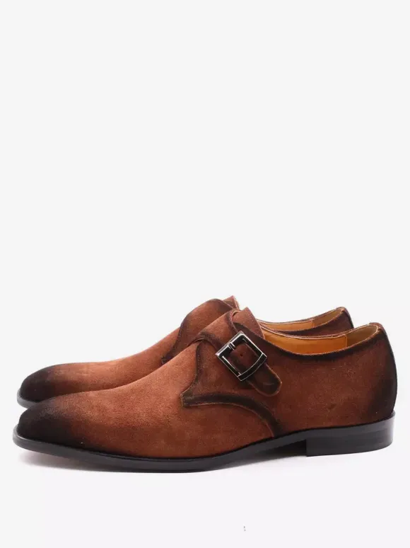 Mens Monk Shoes Suede Pointed-Toe Dress Shoes Trendy Matte Leather Slip-On Loafers