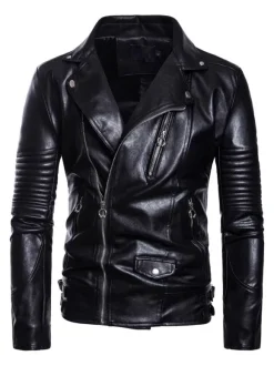 Men's Motorcycle Leather Jacket Asymmetrical Zip Slim Leather Jacket