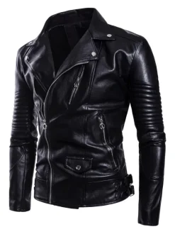 Men's Motorcycle Leather Jacket Asymmetrical Zip Slim Leather Jacket