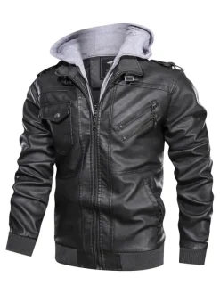 Men's Motorcycle Leather Jacket Zip Up Hooded Leather Jacket