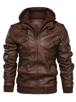 Men's Motorcycle Leather Jacket Zip Up Hooded Leather Jacket