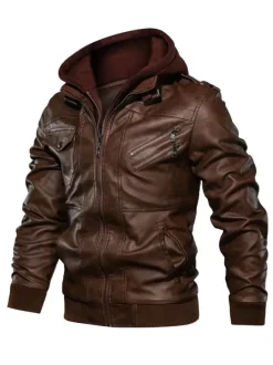 Men's Motorcycle Leather Jacket Zip Up Hooded Leather Jacket