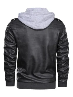 Men's Motorcycle Leather Jacket Zip Up Hooded Leather Jacket