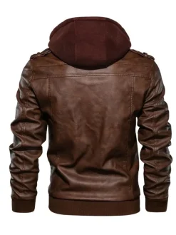 Men's Motorcycle Leather Jacket Zip Up Hooded Leather Jacket
