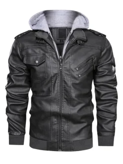 Men's Motorcycle Leather Jacket Zip Up Hooded Leather Jacket