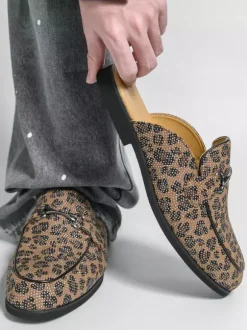 Men's Mule Loafers Leopard Round Toe Metal Detail Backless Shoes