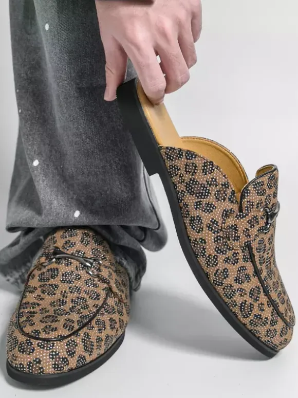 Men's Mule Loafers Leopard Round Toe Metal Detail Backless Shoes