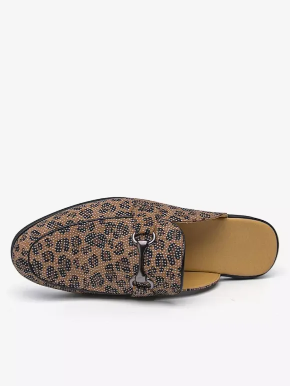 Men's Mule Loafers Leopard Round Toe Metal Detail Backless Shoes