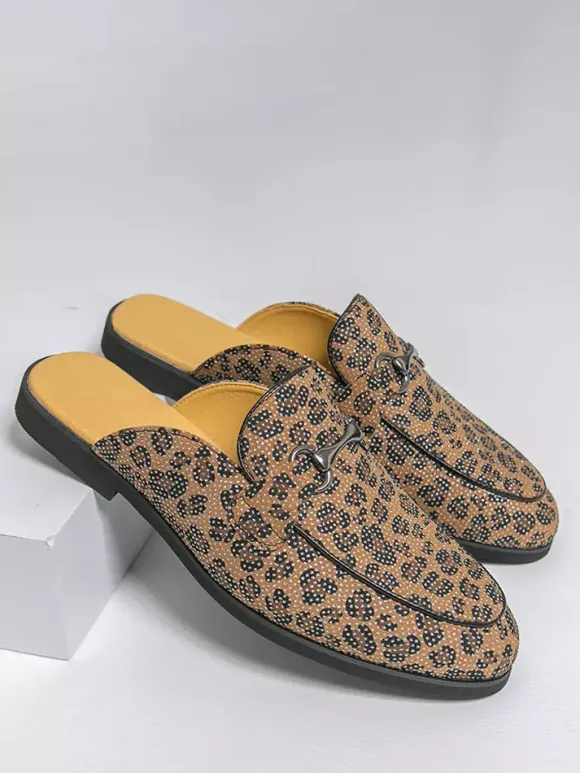 Men's Mule Loafers Leopard Round Toe Metal Detail Backless Shoes