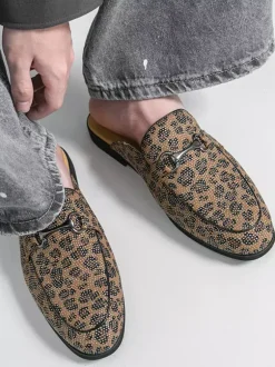 Men's Mule Loafers Leopard Round Toe Metal Detail Backless Shoes
