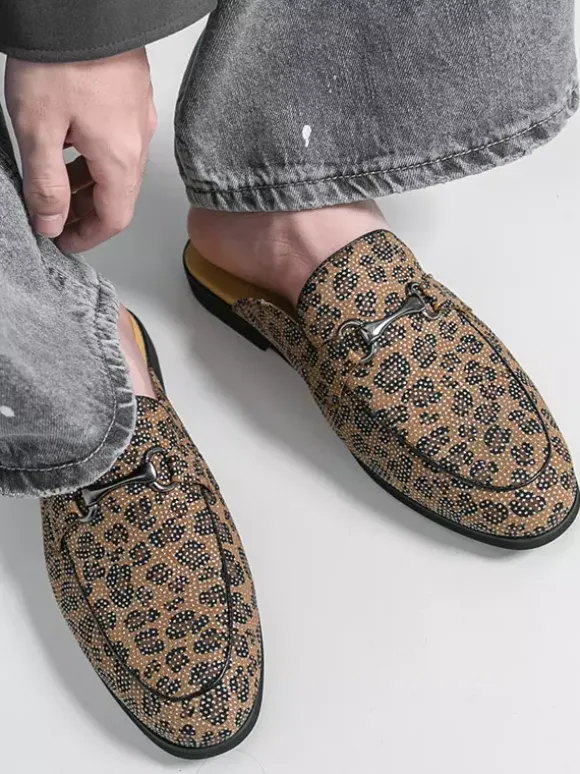 Men's Mule Loafers Leopard Round Toe Metal Detail Backless Shoes