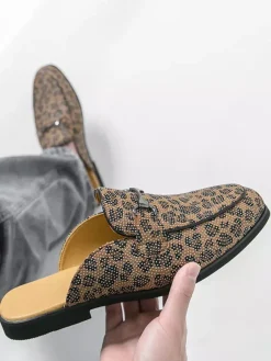 Men's Mule Loafers Leopard Round Toe Metal Detail Backless Shoes