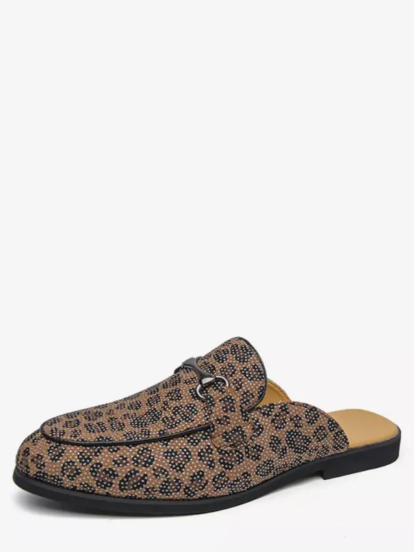 Men's Mule Loafers Leopard Round Toe Metal Detail Backless Shoes