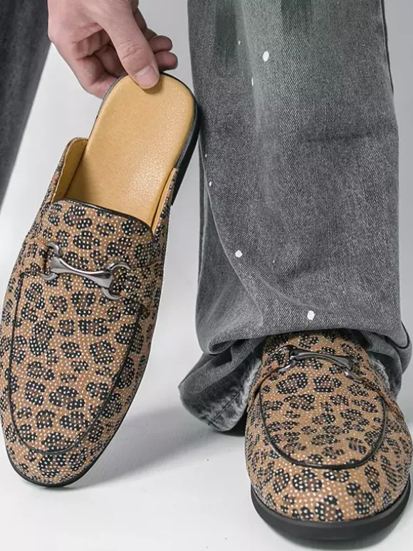 Men's Mule Loafers Leopard Round Toe Metal Detail Backless Shoes