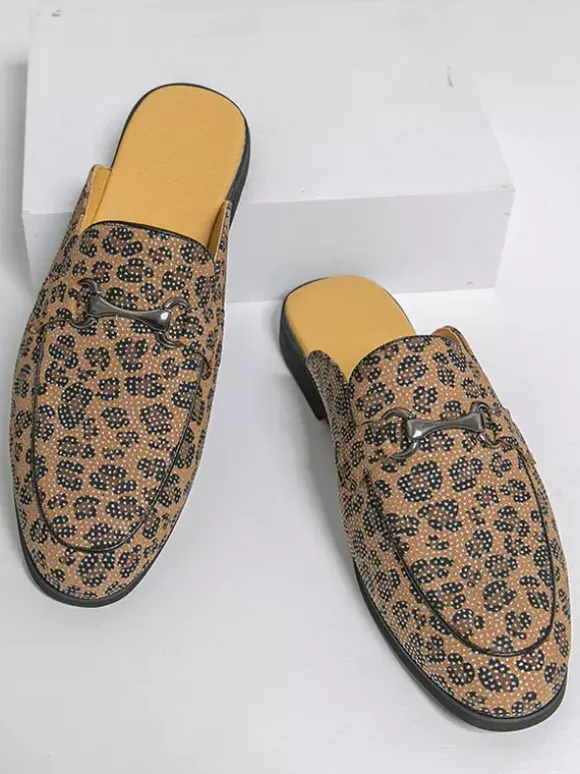 Men's Mule Loafers Leopard Round Toe Metal Detail Backless Shoes