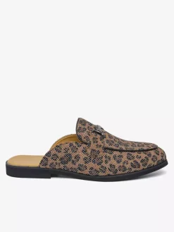 Men's Mule Loafers Leopard Round Toe Metal Detail Backless Shoes