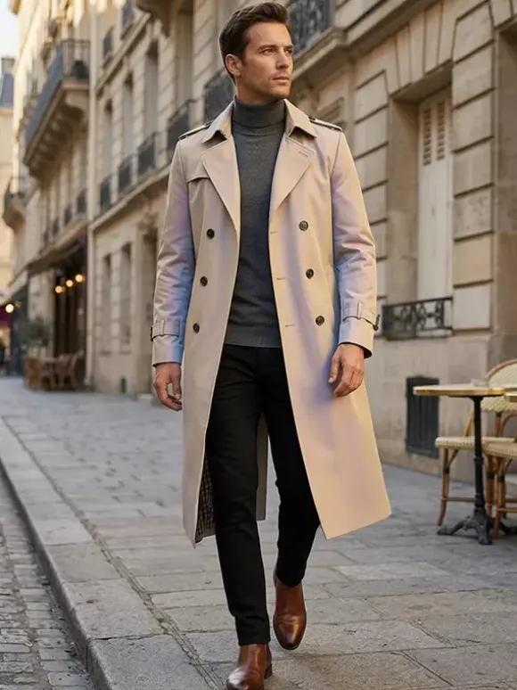 Men's Pea Coat Double Breasted Khaki Fashion Overcoat