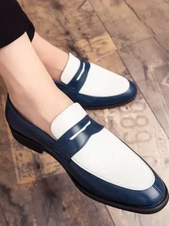 Men's Penny Loafers Blue Round Toe Slip-On Dress Groom Shoes
