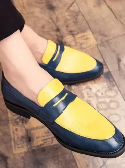 Men's Penny Loafers Blue Round Toe Slip-On Dress Groom Shoes