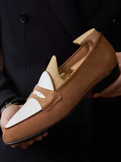 Mens Penny Loafer Shoes Artwork Round Toe Suede Leather Prom Wedding Shoes