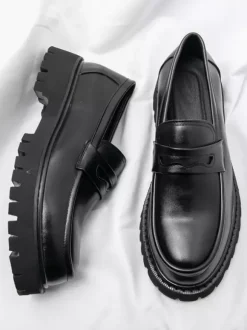 Mens Penny Loafers Leather Non Slip Platform Chunky Slip-On Penny Shoes Round Toe Lug Sole Casual Formal Shoes