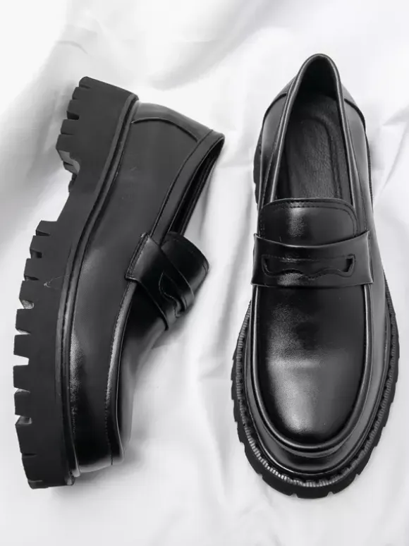 Mens Penny Loafers Leather Non Slip Platform Chunky Slip-On Penny Shoes Round Toe Lug Sole Casual Formal Shoes