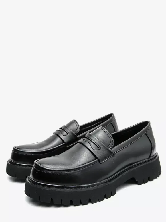Mens Penny Loafers Leather Non Slip Platform Chunky Slip-On Penny Shoes Round Toe Lug Sole Casual Formal Shoes