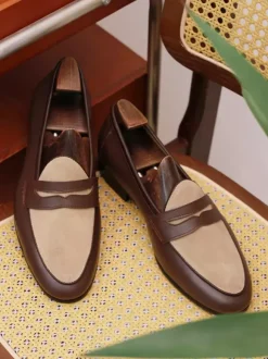 Mens Penny Loafer Slip-on Round Toe low heels Penny Shoes Brown Suede Leather Prom Wedding Shoes