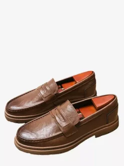 Mens Penny Loafers Slip-on Round Toe Non Slip Low Heels Leather Penny Shoes