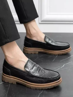 Mens Penny Loafers Slip-on Round Toe Non Slip Low Heels Leather Penny Shoes