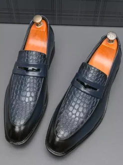 Men's Penny Loafers Slip-On Round Toe Chunky Heel Slip On PU Loafer Shoes For Wedding Prom