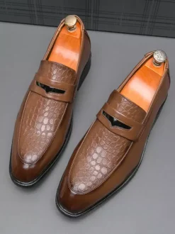 Men's Penny Loafers Slip-On Round Toe Chunky Heel Slip On PU Loafer Shoes For Wedding Prom