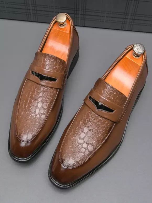Men's Penny Loafers Slip-On Round Toe Chunky Heel Slip On PU Loafer Shoes For Wedding Prom