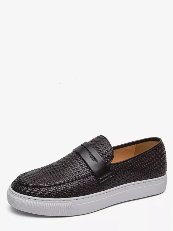 Mens Penny Loafers Slip-Ons Round Toe Weave Leather Penny Shoes Wear Resistant Thick Sole Casual Shoes