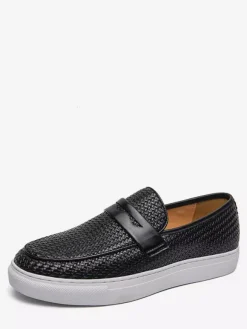 Mens Penny Loafers Slip-Ons Round Toe Weave Leather Penny Shoes Wear Resistant Thick Sole Casual Shoes